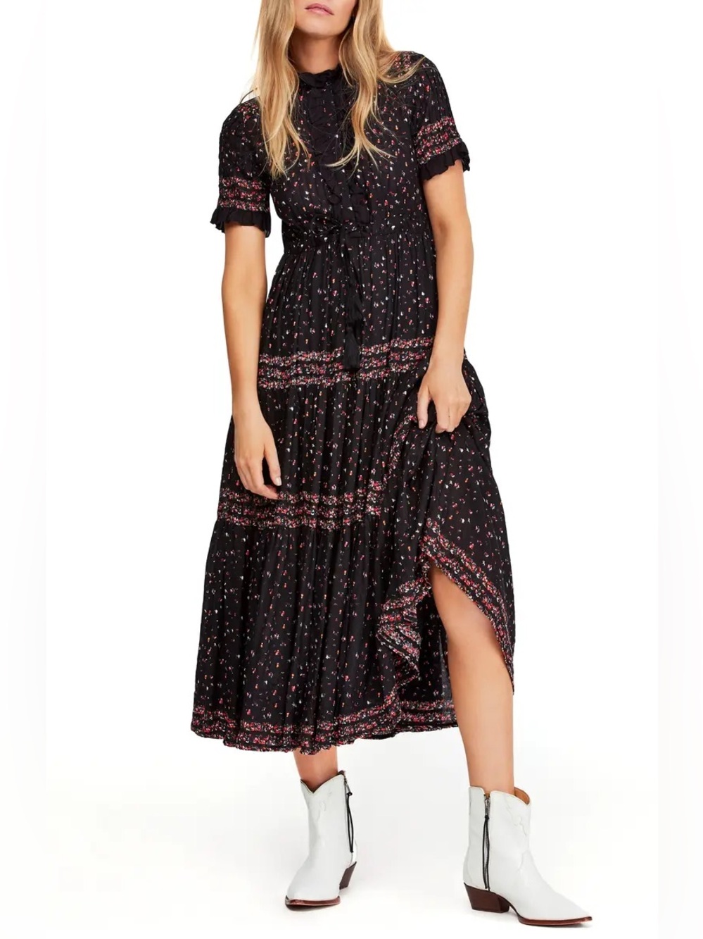 Free People Rare Feeling Floral Print Gauze Tiered Midi Dress Size XS